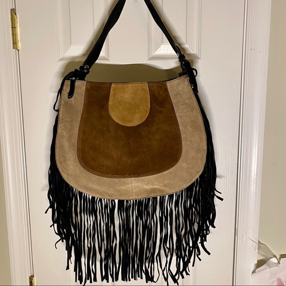 D2 - Italian Suede Brown & Black Fringed Handbag - Picture 1 of 5